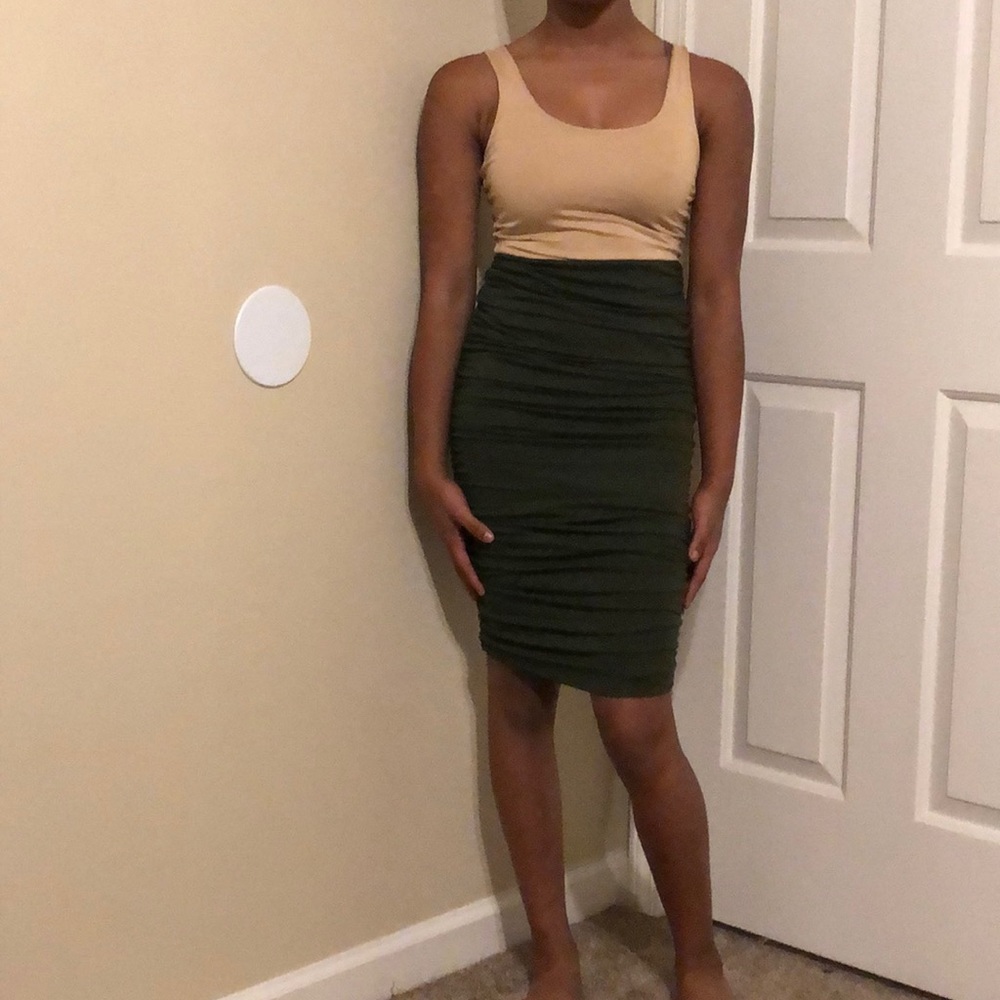 Cream and olive green midi dress